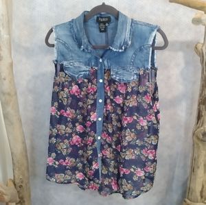 Papillon denim with sheer floral chiffon button down sleeveless tunic shirt  top